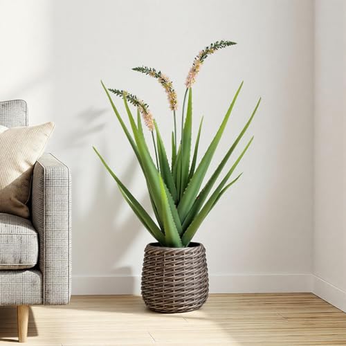 3.5ft Artificial Agave Plants, Fake Aloe Vera Plant with 16 Leaves in Brown Pot, Large Faux Floor Plant for Home Office Hotel Bedroom Patio Balcony or Garden Indoor Decor - size: 42"