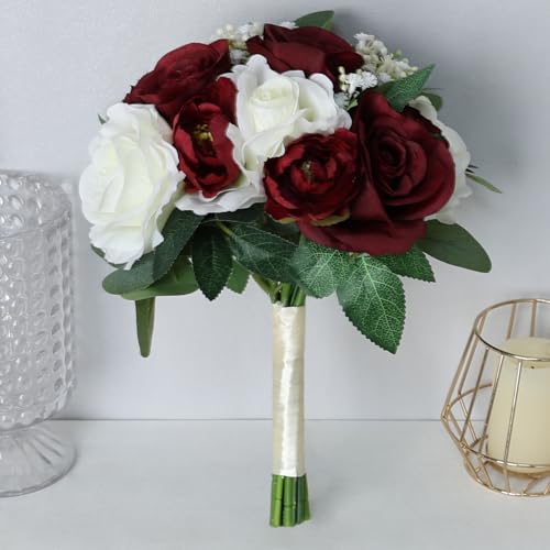 11 Inch Burgundy & White Silk Rose & Peony Bridesmaid Bouquet - Elegant Formal Wedding Decoration - color: Burgundy & White