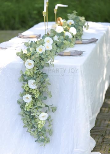 PARTY JOY 6.56ft Eucalyptus Garland with Flowers-8 White Roses, Artificial Fake Flowers Greenery Garland Floral Vines for Decoration Party Wedding Table Indoor Outdoor Backdrop Wall Decor(White) - color: White, size: 1PC