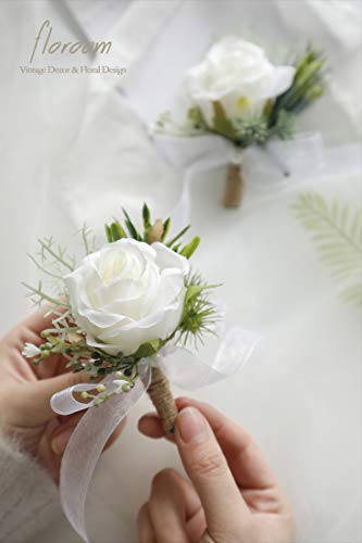 Floroom Ivory Rose Boutonnieres for Best Men Groom Groomsmen White Wedding Prom Set of 2 - color: 2 Boutonnieres