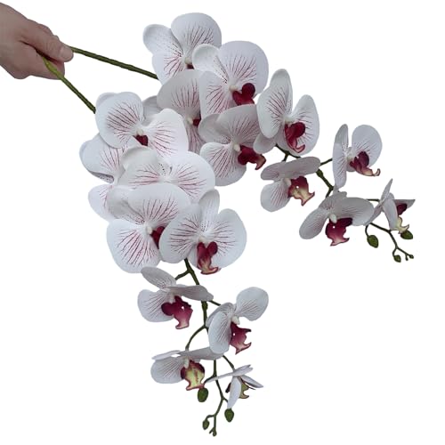FagusHome Artificial Phalaenopsis Flowers Branches 9 Large Blooms Artificial Orchid Flowers Stem Plants 42 Inches 2 Pcs for Home Wedding Décor (White and Purpleline) - color: White and Purpleline