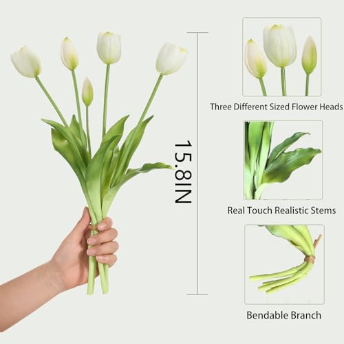 15 Pcs White Tulips Artificial Flowers Faux Tulips Real Touch Latex Fake Flower Bouquet for Spring Wedding Home Décor Centerpiece Arrangements - color: White