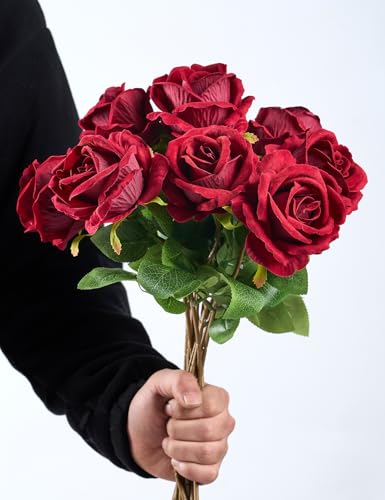 PONKING 3.5"(9cm) Rose Artificial Flower 12pcs Realistic Faux Silk Roses Fake Flowers Bouquets Arrangements Decor for Wedding Mother's Day, Home Table Christmas Valentine Decorations, Burgundy Flower - color: D 12pcs Burgundy Rose