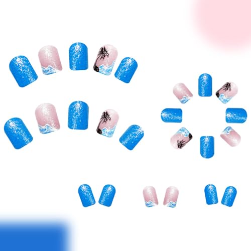 Summer Press on Nails Short Square Fake Nails Press Ons Sea Blue with Nude Coco Designs Glossy Full Cover Glue on Nails Artificial Stick on Nails for Women Girls Manicure 24 Pcs - color: Flower Square37