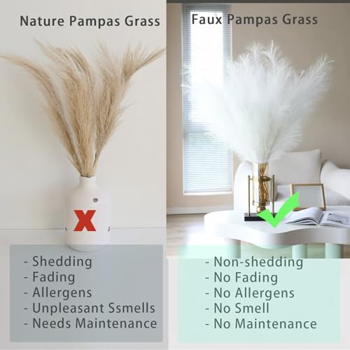 10 Stems White Pampas Grass Fluffy - 17.7" Faux Pampas Grass Decor Small Fluffy Pompas Floral Arrangement and Vase Filler for Boho Home Wedding Mothers Day Decoration - color: White