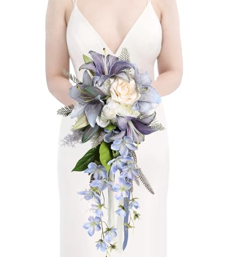 Bridal Bouquet,12 Inch Cascading Wedding Bouquets Bride Bouquets for Wedding Ceremony and Anniversary(Blue) - color: Blue