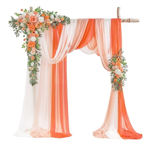TINGE TIME Wedding Arch Flowers Kit - Deluxe 5pcs Artificial Floral Swag with 3 Sheer Drapes, Realistic Silk Flower Arrangements for Wedding Ceremony Arbor Backdrop Reception Party Home Decor - color: Coral Pink & Champagne