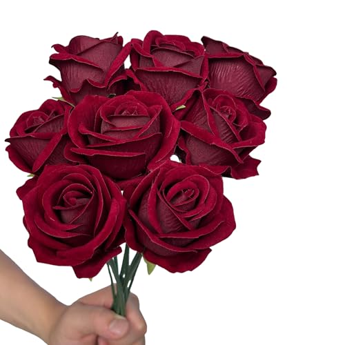 FagusHome 30 Pcs Silk Rose Artificial Flowers Roses Bulk Bouquet Fake Flowers Rose Heads with Stems for Home Wedding Decor (Dark Red) - color: Dark Red