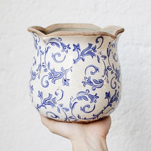 Retro Distressed Ceramic Flower Pots, Antique Crackle Glaze Planters with Drainage for Indoor Plants, Blue and White Chinoiserie Pottery Vase for Living Room Balcony Office Decor, Gardening Gifts - color: Blue Swirls
