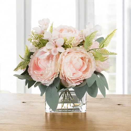 ENOVA FLORAL Artificial Flower Arrangement with Vase,Mixed Artificial Silk Peony Flower in Vase for Decoration Home Office, Wedding Centerpiece (Pink) - color: Pink