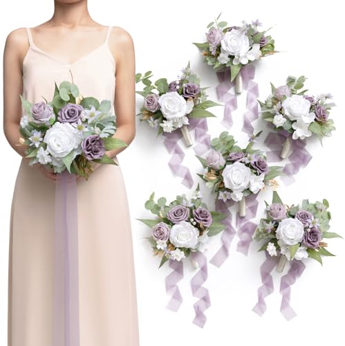 Ling's moment Artificial Bridesmaid Bouquets Set of 6 Purple Wedding Flower Bouquets White Rose Floral Bouquet Lilac Bridal Bouquets with Ribbon Ceremony,Anniversary,7-inch Diameter - color: Pr-lilac & Cream