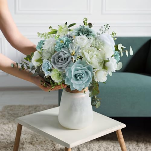 AmyHomie Teal Blue Artificial Flowers Combo Silk Mix Peony Rose Fake Flowers w/Stem for DIY Wedding Bouquets Centerpieces Arrangements Table Fall Decor Party Bridal Baby Shower Home Decorations - color: Teal Blue