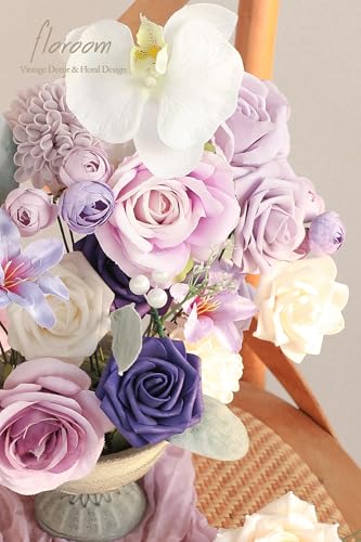 Floroom Lilac Lavender Purple Cream Artificial Flowers Fake Roses Dahlias and Greenery Combo Box Set for DIY Wedding Bouquets Bridal Shower Centerpieces Floral Arrangements Party Tables Decorations - color: Celestial Dream Lavender