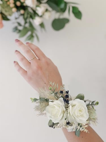 Rinlong 2Pcs White Sage Wrist Corsage for Wedding, Prom, Homecoming | Bridesmaid Wristlet, Mother of the Bride Flower Corsage - color: 04-white Sage