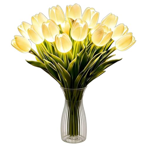 15pcs LED Lighted Artificial Flowers Tulip Lamp with Vase Real Touch Tulips Faux Flower Lights for Valentines Day Gift Easter Home Kitchen Wedding Dining Table Decor (White) - color: 15pcs White