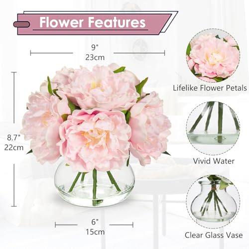 Hollyone Pink Peonies Artificial Flowers with Vase Faux Flowers Peony Fake Flowers Silk Flower Arrangements in Glass Vase with Faux Water for Home Decor Bathroom Table Centerpiece Shelf Decorations - color: Peony, Pink