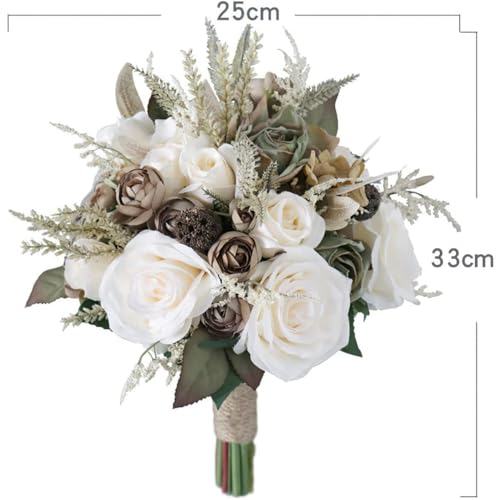 MOJUN Wedding Bouquet for Bride, Artificial Hand Made Rose Flower for Bridal Bridesmaids Romantic Wedding Bouquet for Wedding Valentine's Day Party Home Tables Decorations, Creamy - color: Cream Khaki Bouquet