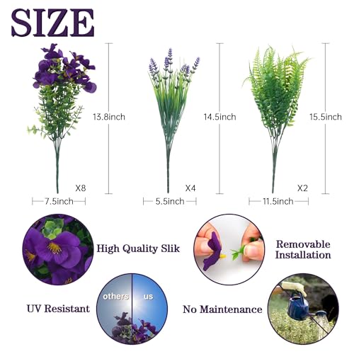 14 Bundles Artificial Flower Outdoor Stems Set,Faux Flowers for Outdoor Planters, Spring Front Porch Decor,UV Resistant Fake Flowers for Outside Party Garden Home Decoration（Purple） - color: Purple-14