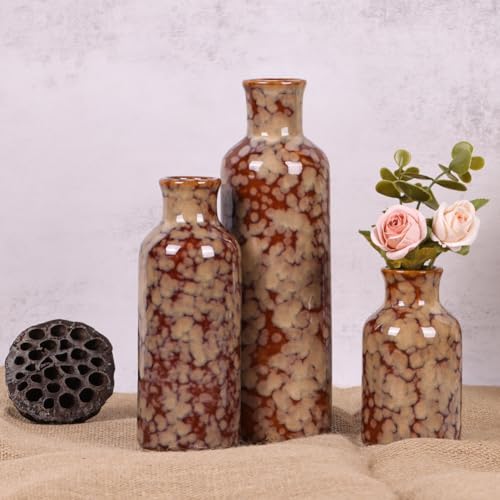 Ceramic Vase Set - 3 Crack Brown Small Vases, Farmhouse Country Flower Vase Home Decor, Living Room Decoration, Table Decoration, Fireplace Decor, and Entrance Decorations Centerpieces - color: Crack Brown
