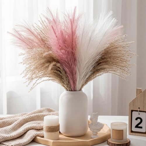 Suncalla 72 Pcs Pampas Grass Decor for Wedding Bridal Shower DIY 21.7 Inches Faux Tall Pampas Grass Bulk Artificial Dried Flowers Feathers for Vase Filler Pastel Home Decor Party Bathroom Wall - color: Ombre Pink