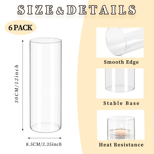 6 Pack Glass Cylinder Vases for Flower 12 Inch Tall Clear Centerpieces Bulk Vase Hurricane Floating Candle Holder for Table Home Decor Floral Shelf Party Dining Wedding Holiday Decoration - size: 12 Inch