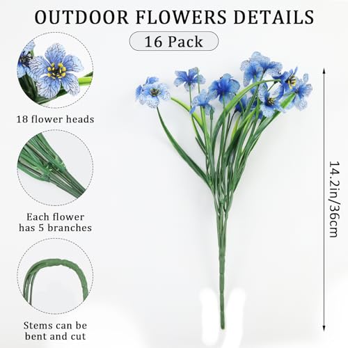 16 Bundles Artificial Flowers for Outdoors Fake Blue Flowers Faux Plants for Indoor Outside Garden Porch Window Box Hanging Planters Home Farmhouse - color: Blue, size: 15inches-16pcs
