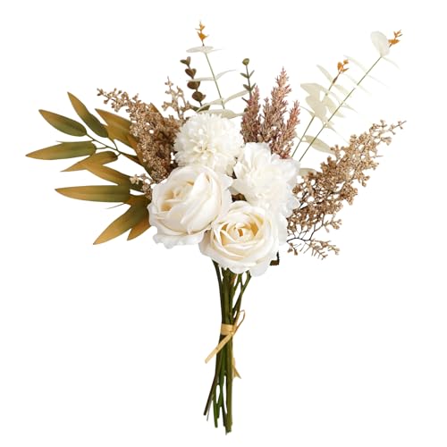 Artificial Flowers Bouquet - Faux Silk Flowers Centerpiece, Realistic Fake Flowers Plants for Home Decor Dining Table, Indoor Vase, Wedding Bouquet Arrangements (White) - color: White