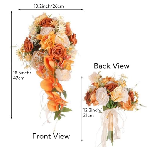 10.2 Inch Cascading Bridal Bouquet for Bride Artificial Orange Rose Flower Fall Cascade Bridal Bride Wedding Bouquet Flower Wedding Orange and Champagne - color: Orange & Champagne