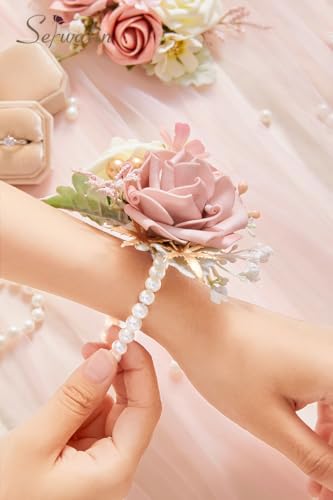 Serwalin 2 Pcs Wrist Corsage and Boutonniere Set, 6-7 Inch Dusty Pink Corsage for Wedding, Boutonniere for Men Corsage Wristlet Prom Ceremony Anniversary Accessories Suit - color: Pink, size: 1 Boutonniere & 1 Wrist Corsage-2pcs