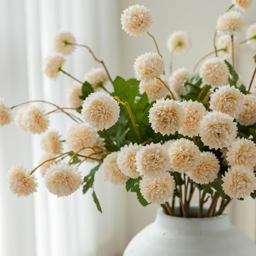 mizii 6Pcs Beige Fake Silk Pompon Mum Artificial Flowers Bulk Small Faux Chrysanthemums with Stems Floral Decorations for Wedding DIY Bouquet Centerpieces Shower Vase Home Decor (Bright Beige) - color: Bright Beige