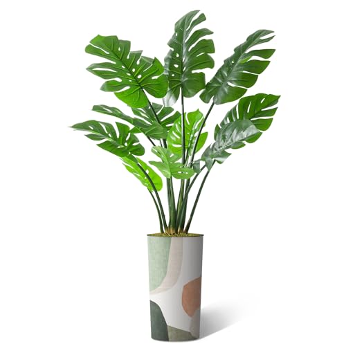 Artificial Tree in Multicolor Textured Geometric Shapes Illustrations Planter, Fake Monstera Silk Tree for Indoor and Outdoor Home Decoration - 65" Overall Tall (Plant Pot Plus Tree) - style: Monstera Plant