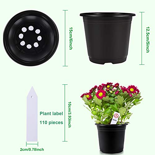Augshy 110 Pcs 0.5 Gallon Black Plastic Plant Nursery Pots 6 Inches Seed Starting Pots Containers with 110 Labels - size: 6 Inches