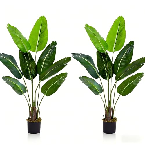 2-Pack Artificial Tree Bird of Paradise Artificial Plant, 5 Ft Faux Tropical Plant Palm Tree with Leaves Trunks Faux Banana Leaf Tree for Home Decor Living Room Indoor Outdoor Office - size: 5ft-2 pack
