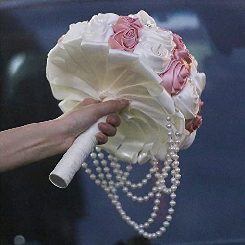 Pink Wedding Bouquet with Brooch Pearl String Cascade Bouquet for Bride Bridesmaid Quinceanera Artificial Satin Rose Flower Bridal Bouquet Wedding Blush Pink and Ivory 9.8in - color: Blush Pink & Ivory, size: Extra-large (DIA. 9.8"/25cm)