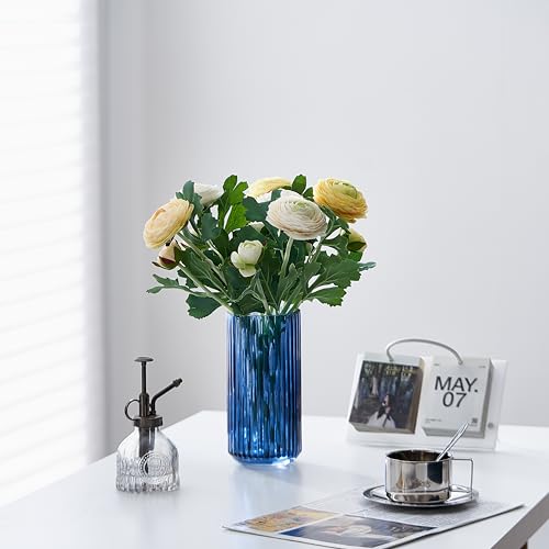 TIMEFOTO 7.5 inch Blue Glass Flower Vase for Pampas Grass, Medium Decorative Centerpiece Ribbed Vase for Dining Table, Office Desktop, Shelf Bookshelf, Mantel, Entryway, Bathroom, Countertop,Gift - color: Blue, size: 7.5 inch