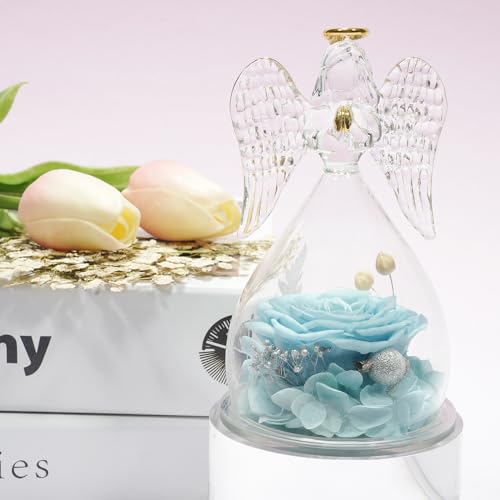 Miofula Gifts for Mom Birthday Gifts for Women, Preserved Flowers Rose in Glass Angel Figurines, Fresh Flowers for Delivery Anniversary Forever Real Roses Gifts for Mothers Grandma Her Wife Girlfriend - color: Pale Blue