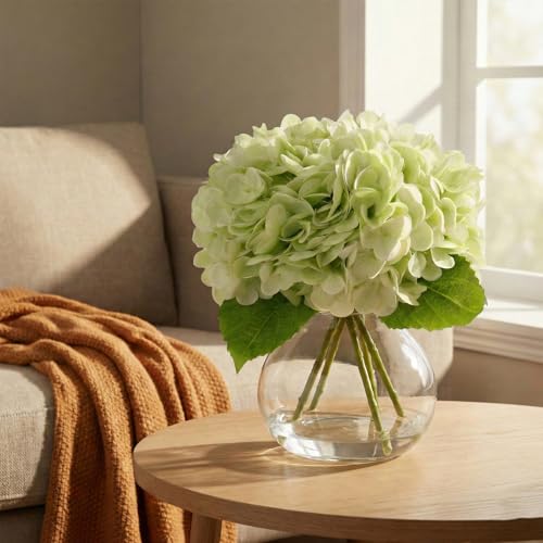 Real Touch Artificial Hydrangea in Vase,Premium Faux Flowers with Faux Water for Home Decoration,Coffee Table,Wedding,Green Fake Hydrangea with Vase for DIY Floral Arrangements - color: Green
