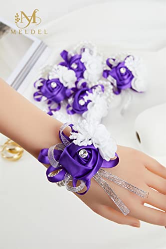 2pcs Purple Wedding Wrist Corsages Artificial Silk Rose for Women | for Wedding, Prom, Homecoming, and Evening Party, Wrist Corsages with Pearls for Brides, Bridesmaids, Mother of the Bride - color: 2pcs Deep Purple Wrist Corsages