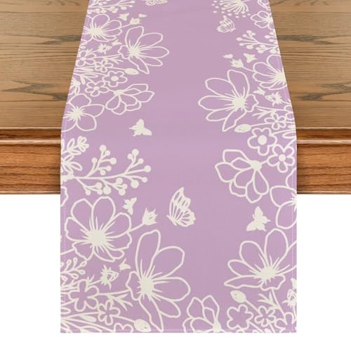 Artoid Mode Purple Bloom Flowers Butterfly Spring Table Runner,Seasonal Summer Kitchen Dining Table Decoration for Home Party Decor 13x72 Inch - color: Purple, size: 13" x 72", Table Runner