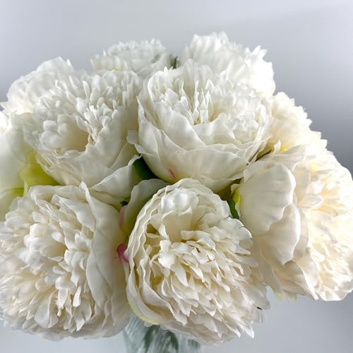 10pcs Artificial Peony Flowers Silk Peonies Realistic Flower Bouquet for Vase Decor Wedding Table Centerpieces Valentines Gifts (Ivory White) - color: White