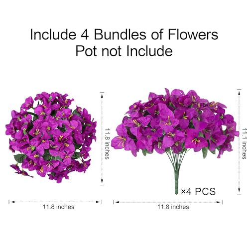 Bougainvillea Artificial Flowers for Outdoors Summer Decor, 4 Bundles Realistic Bougainvillea Fake Silk Outside Flowers UV Resistant Faux Plants for Outdoor Planters Porch Patio Window Garden, Fuchsia - color: Fuchsia