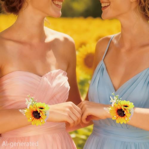 2 Pcs Sunflower Wrist Corsage, Artificial Yellow Flower Corsage Bracelet for Wedding, Prom, Bridesmaid, Mother of the Bride, Bridal Shower Party (2pcs Sunflower Wrist Corsage) - color: 2pcs Sunflower Wrist Corsage