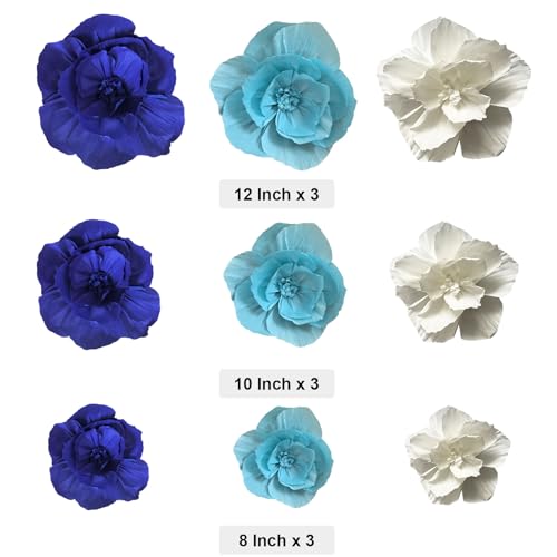 BRT Bearingshui Crepe Paper Flowers Decoration for Wall Total 9 Pcs, Artificial Flowers Backdrop for Wedding Decor Baby Bridal Shower Birthday Party, Navy Light Blue White 3D Wall Flowers Decor - color: Blue White