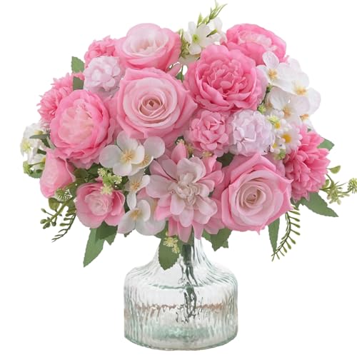 4 Pcs Mixed Artificial Flowers Set, Small Artificial Peony Bouquet Fake Rose Flower Silk Floral Arrangements for Table Centerpiece Home Wedding Party Bridal Decoration(Pink, 2 Bouquets & 2 Stems) - color: Light Pink, size: Mixed 4pcs