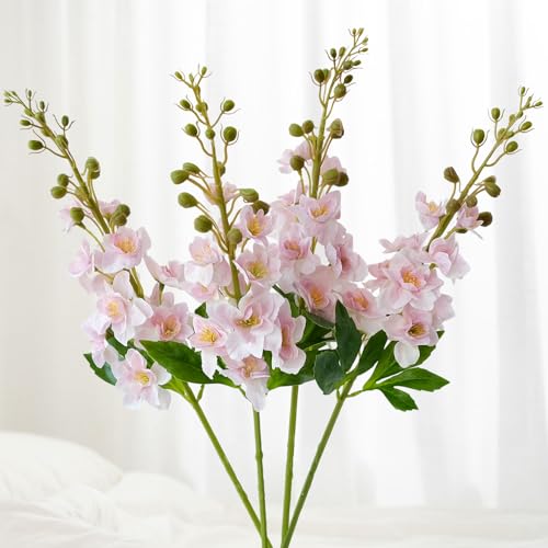 JINWOE Pink Larkspur Plant Artificial Flowers,4Pcs 26" Large Faux Lifelike Silk Flowers with Long Stem for Tall Floor Vase Home Wedding Office Party Arrangement Decoration - color: Pink