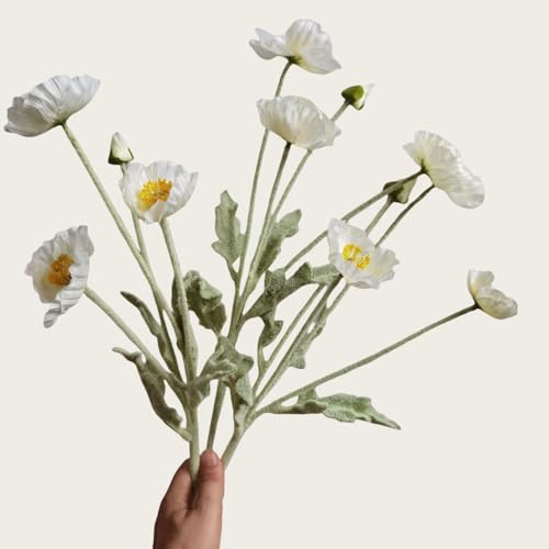 Poppy Flowers Artificial， Poppy Silk Flowers with Stems，Ranunculus Artificial Flowers，Faux Flower Stems for Wedding,Party, Outdoor Indoor Decor Flower Arrangements for Table (3, White) - color: White