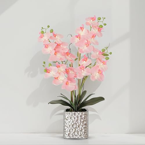 Orchid Artificial Flowers with Sliver Vase Large Silk Faux Phalaenopsis Flowers for Dining Room Table Floral Centerpieces Indoor Decoration,Pink - color: 1302-pink