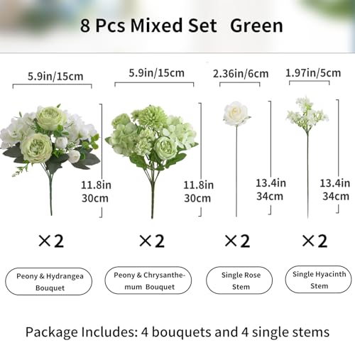 8 Pcs Mixed Artificial Peony Flowers Set-4 Bouquets & 4 Stems, Green Fake Peony Rose Hydrangea Flower for Vase Silk Floral Arrangements for Table Centerpiece Wedding Party Bridal Decoration Home Decor - color: Green, size: Mixed 8pcs