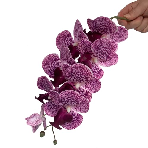 HinyoCo 5 Pcs Artificial Orchid Flowers and 4 Bundles Leaves, Artificial Phalaenopsis Flowers 32 Inch Stem Plants for Home Wedding Decoration (Purple Spots) - color: Purple Spots