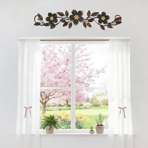 Wesiti Metal Flower Wall Decor Vintage Metal Flower Wrought Iron Scroll Sculpture 15.7''x3.7'' Not 3D, Flat Farmhouse Leaf Wall Decor with Nails for Summer Bedroom Kitchen Indoor Outdoor(Black) - color: Black